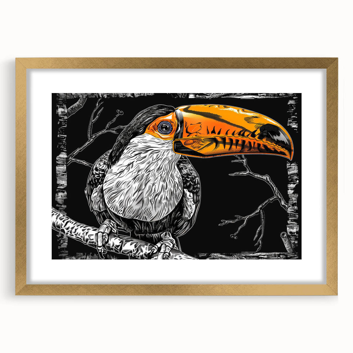 Tropical wall art featuring colorful birds in a gold frame with a mat, showcasing vibrant hues and intricate details, perfect for enhancing modern decor.