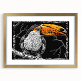 Tropical wall art featuring colorful birds in a gold frame with a mat, showcasing vibrant hues and intricate details, perfect for enhancing modern decor.