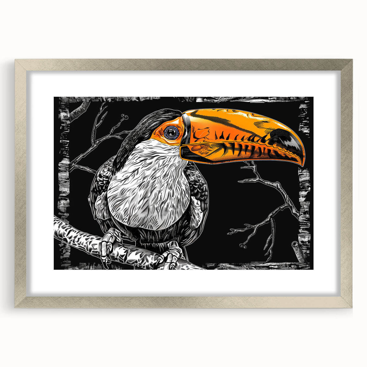Tropical birds wall art collection in a silver frame with mat, showcasing vibrant colors and intricate designs, perfect for enhancing modern decor.
