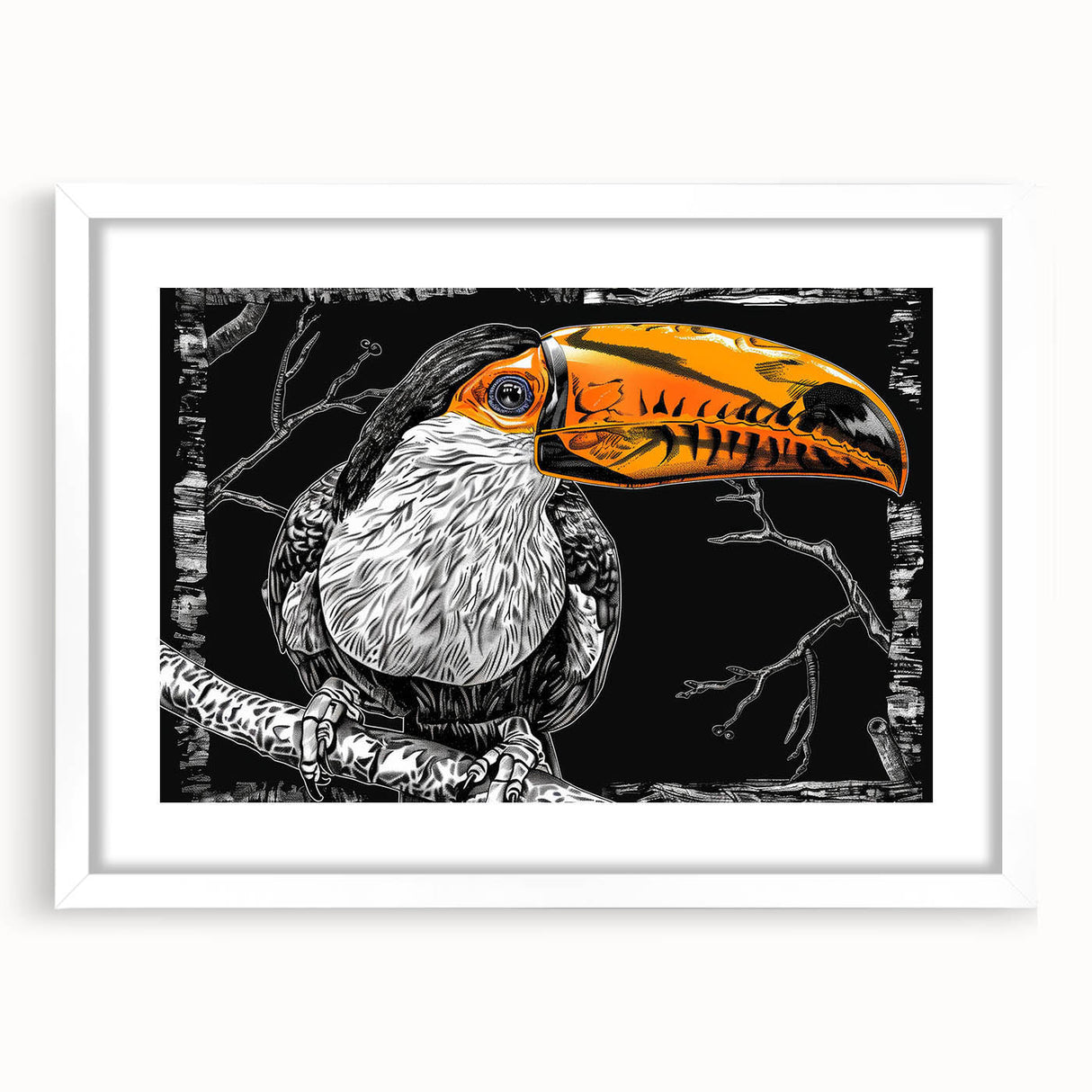 Tropical birds wall art collection framed with a white mat, showcasing vibrant colors and intricate details, perfect for adding a nature-inspired touch to home decor.