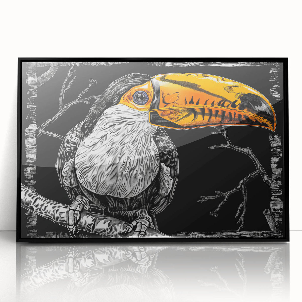 Framed tropical bird wall art featuring vibrant colors and intricate designs, displayed in a sleek black frame, perfect for enhancing home decor and adding a touch of nature.