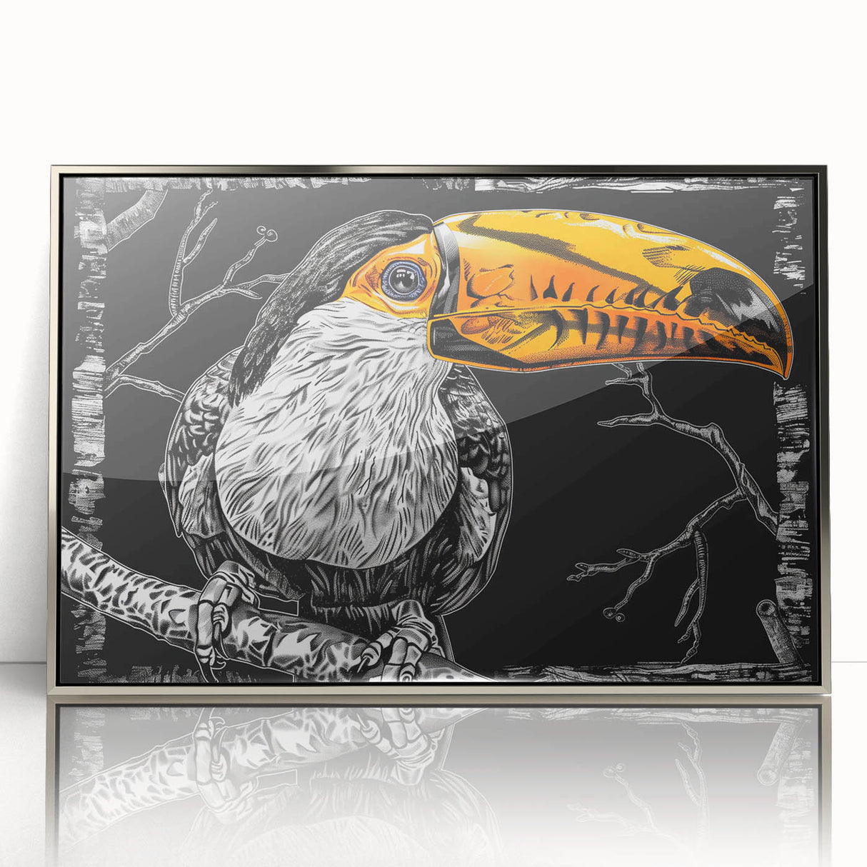 Framed wall art collection featuring vibrant tropical bird designs on a silver acrylic background, ideal for enhancing modern decor with a touch of nature.