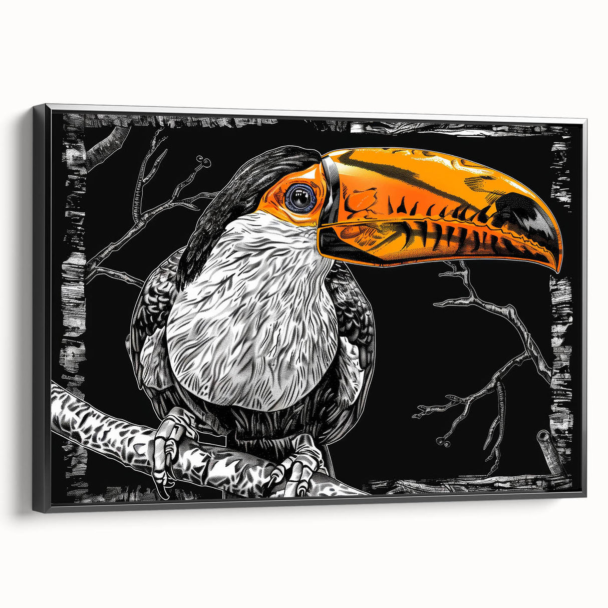 Framed canvas wall art showcasing a vibrant tropical bird design in rich colors, featuring a sleek black frame, perfect for adding a touch of nature to any decor.