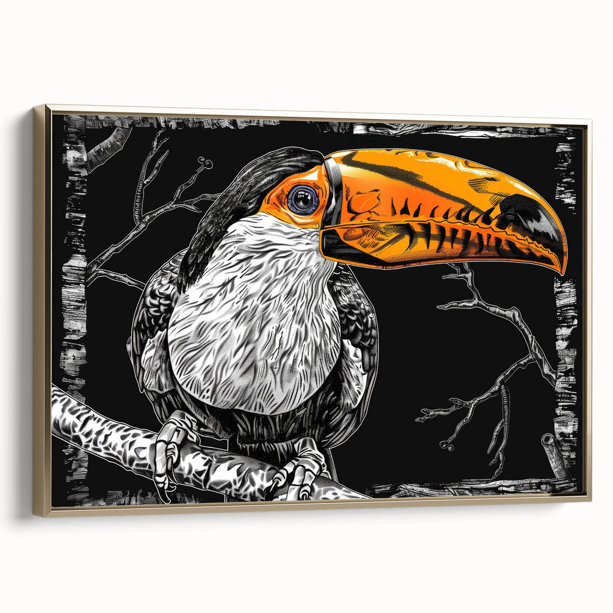 Framed wall art featuring a vibrant tropical bird design, showcasing colorful feathers and intricate details, set against a gold backdrop for an elegant finish.