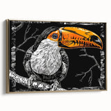 Framed wall art featuring a vibrant tropical bird design, showcasing colorful feathers and intricate details, set against a gold backdrop for an elegant finish.