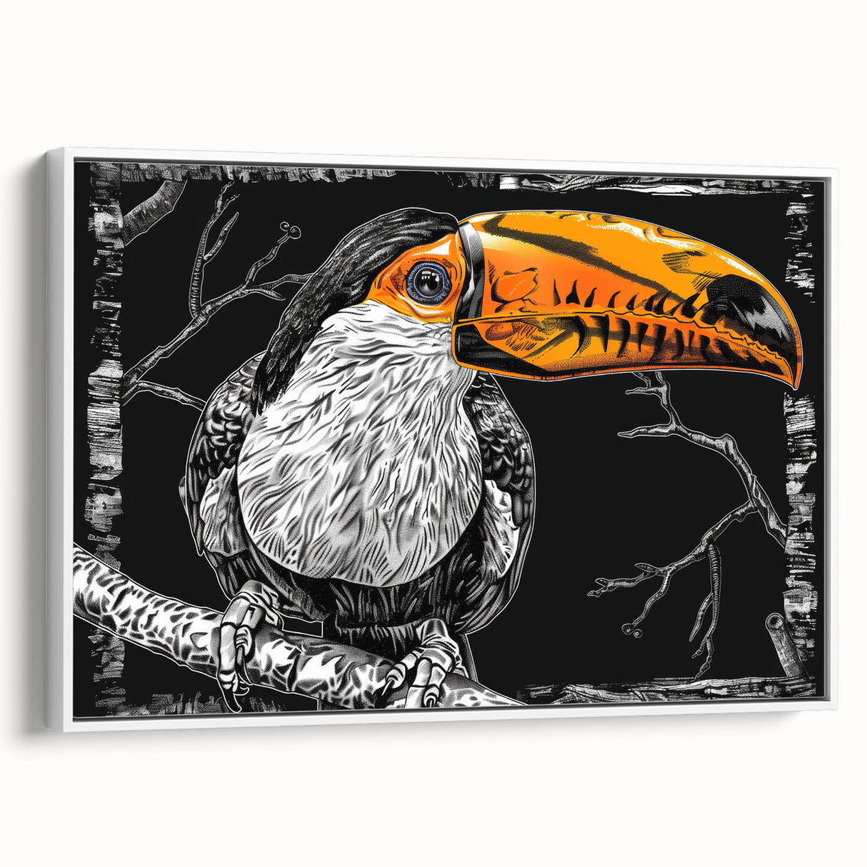 Framed wall art featuring vibrant tropical birds on a white background, showcasing intricate details and vivid colors, perfect for home decor.