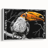Framed wall art featuring vibrant tropical birds on a white background, showcasing intricate details and vivid colors, perfect for home decor.