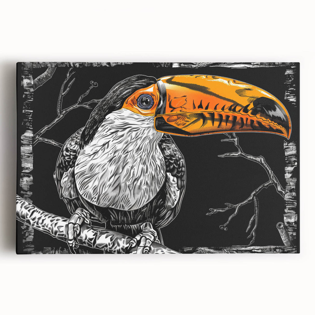 Tropical bird wall art design featuring vibrant colors and intricate details, printed on stretched canvas, perfect for adding a lively touch to home decor.