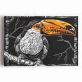 Tropical bird wall art design featuring vibrant colors and intricate details, printed on stretched canvas, perfect for adding a lively touch to home decor.