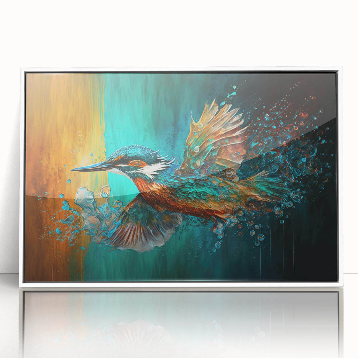 Framed wall art featuring a vibrant tropical bird design with lush green foliage, set in a sleek white frame, perfect for enhancing home decor and bringing nature indoors.