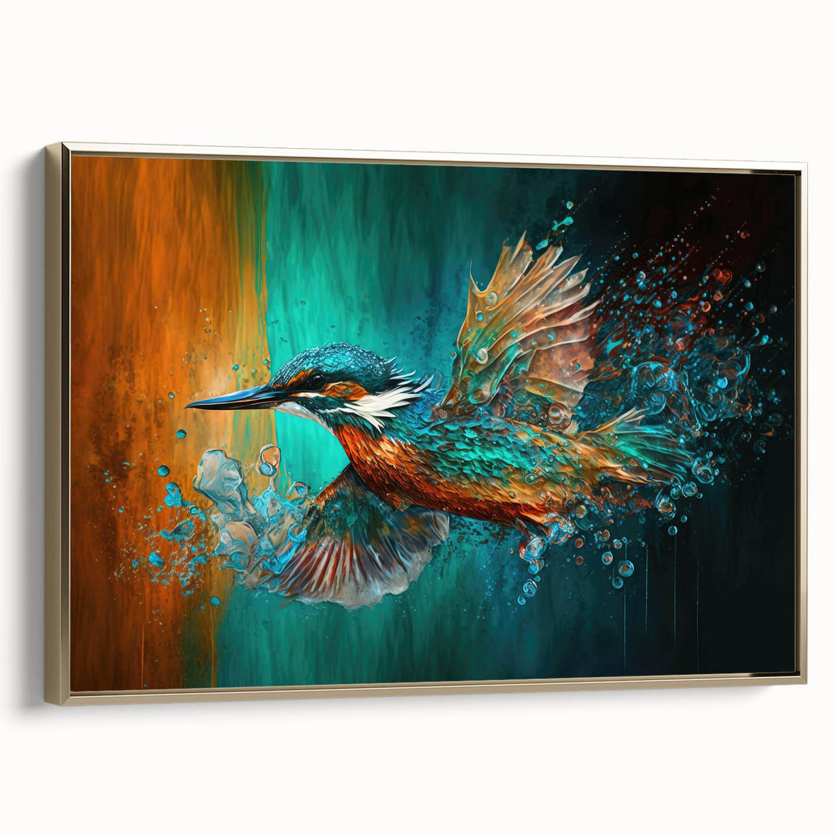 Framed canvas wall art showcasing a vibrant tropical bird design in gold accents, ideal for home decor, enhancing living spaces with a touch of nature.