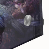 Vibrant close-up of tropical bird wall art featuring colorful parakeets and foliage, printed on acrylic glass, ideal for enhancing modern home decor.