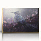 Framed acrylic wall art showcasing a vibrant tropical bird design with gold accents, ideal for enhancing home decor with a touch of nature-inspired elegance.