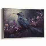 Framed wall art featuring a vibrant tropical bird design on canvas, showcasing bright colors and intricate details, set against a sleek silver frame.