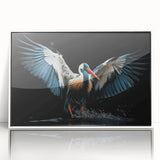 Framed acrylic wall art featuring a vibrant tropical bird design with a white frame, ideal for brightening modern home decor. Perfect for bird lovers and nature enthusiasts.