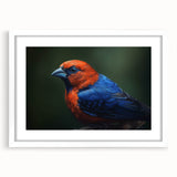 Tropical bird wall art design framed in white with a mat, showcasing vibrant colors and intricate details, perfect for home decor or art collectors.