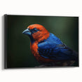 Framed canvas wall art showcasing a vibrant tropical bird design with vivid colors, presented in a sleek black frame, ideal for enhancing modern home decor.