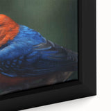 Vibrant tropical birds wall art collection featuring a close-up of colorful framed canvas, showcasing intricate details and lively hues in a stylish setting. Perfect for enhancing home decor with a touch of nature.