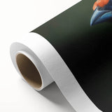 Vibrant rolled canvas featuring a tropical bird design, showcasing colorful parakeets and lush foliage, perfect for enhancing home decor with a natural theme.