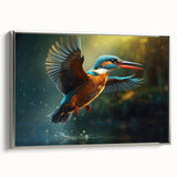 Framed wall art collection featuring vibrant tropical birds design on canvas, showcasing a silver frame with a sleek side view, perfect for home decor.