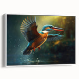 Framed canvas wall art showcasing a vibrant tropical bird design with lush green foliage, presented in a white frame, adding a lively touch to home decor.