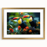 Tropical birds wall art collection featuring vibrant colors in a gold frame with mat, perfect for enhancing home decor with a nature-inspired aesthetic.