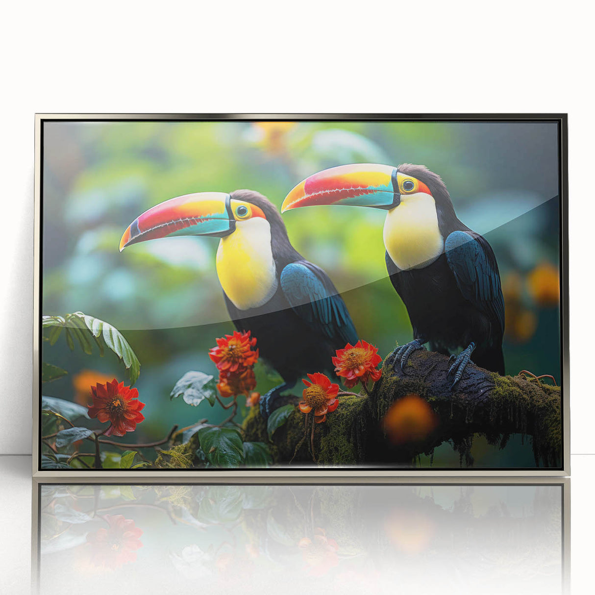 Framed tropical bird wall art collection showcasing vibrant colors and intricate details, featuring a silver-accented frame, perfect for enhancing interior decor.