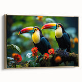Framed wall art featuring a vibrant tropical bird design on a canvas, set in an elegant gold frame, showcasing vivid colors and intricate details. Perfect for enhancing home decor with a touch of nature-inspired elegance.