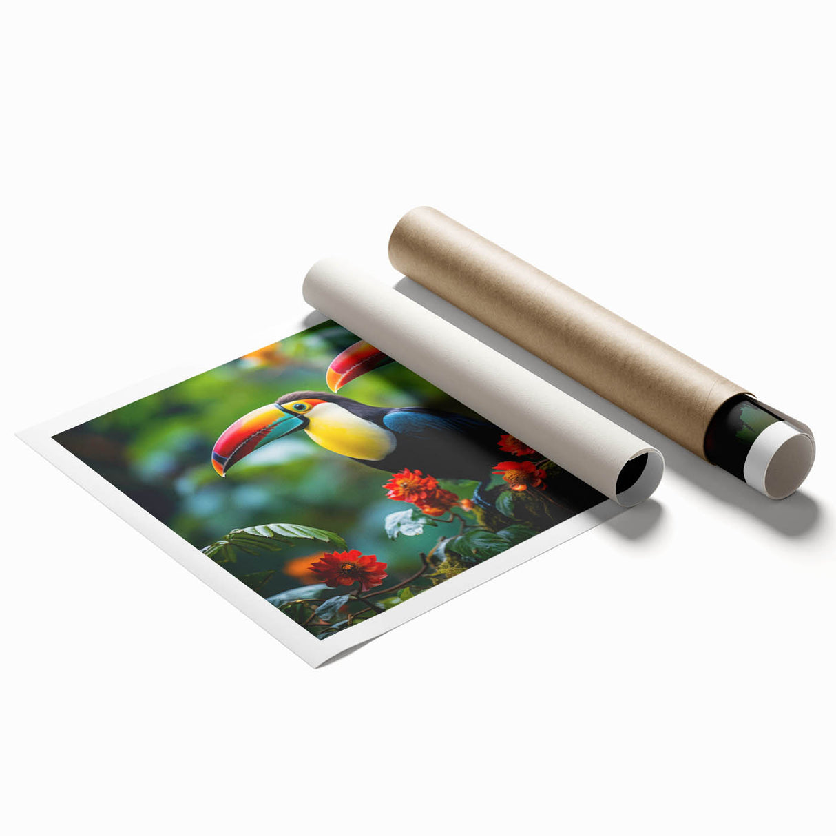 Tropical birds wall art print showcasing vibrant colors and intricate details, rolled and ready for framing, perfect for adding a touch of nature to home decor.