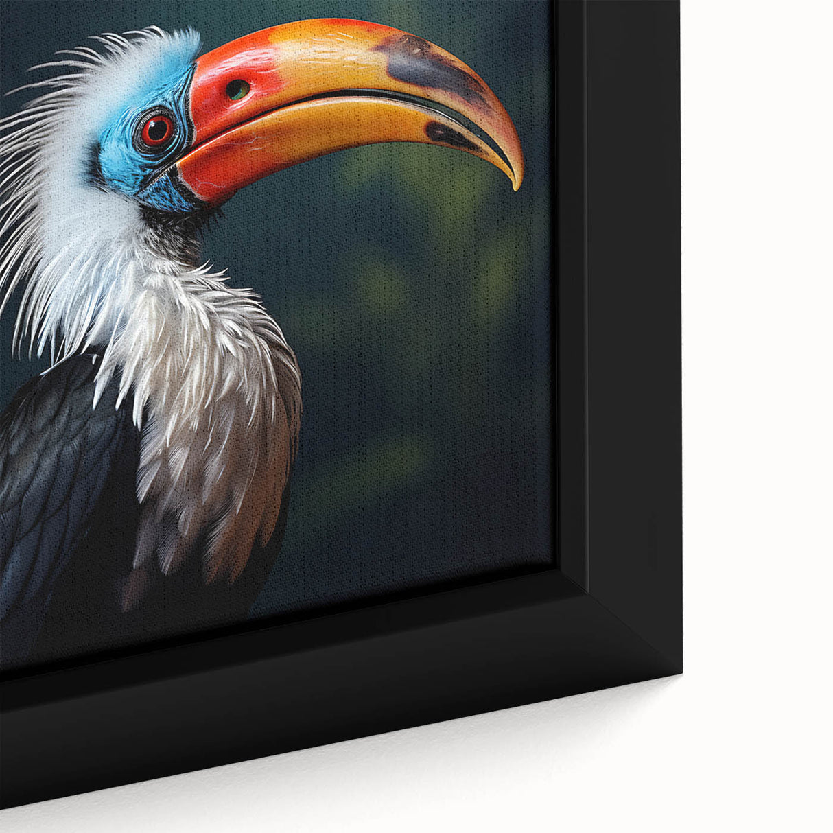 Close-up of a vibrant tropical birds wall art design, showcasing intricate details in vivid colors on a framed canvas, perfect for enhancing home decor.