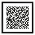Framed black and white abstract wall art design showcasing geometric shapes and textures, presented in a sleek black frame with a mat.
