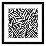 Framed black and white abstract wall art design showcasing geometric shapes and textures, presented in a sleek black frame with a mat.