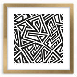 Framed black and white abstract wall art design featuring geometric shapes and a gold mat, ideal for modern decor.
