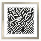 Framed black and white abstract wall art design featuring bold geometric shapes and silver matting, ideal for modern home decor.