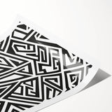 Abstract black and white wall art print showcasing intricate geometric patterns, ideal for modern decor and artistic home styling.