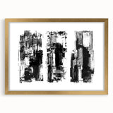 Framed black and white abstract wall art design showcasing geometric shapes and lines, accented with a gold mat for a modern touch.