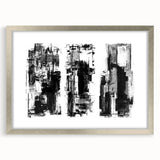 Framed black and white abstract wall art design with a silver mat, showcasing geometric patterns and a modern aesthetic, perfect for home decor.