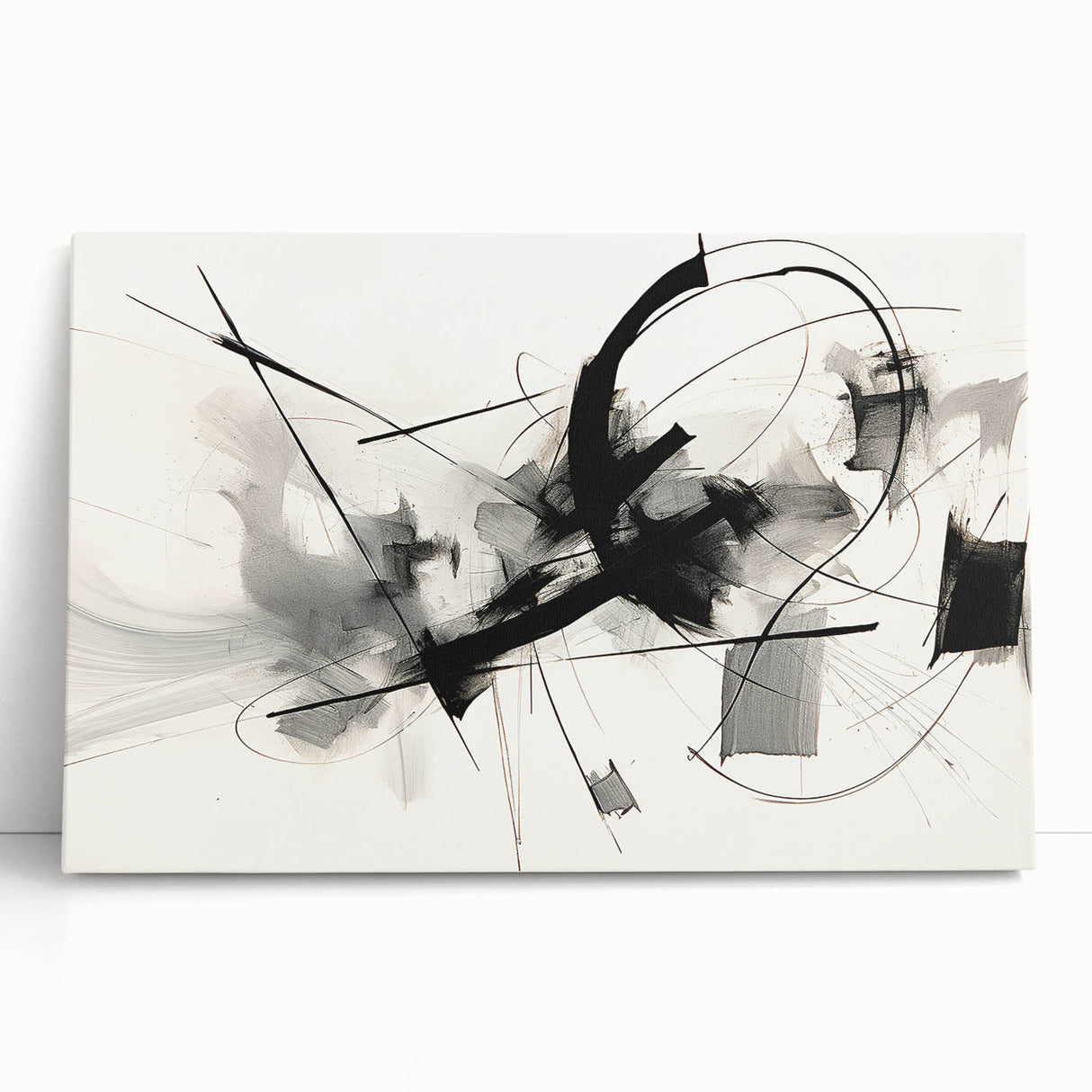 Abstract black and white wall art collection on stretched canvas, showcasing modern geometric patterns; perfect for contemporary home decor.