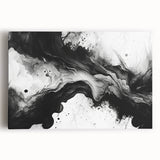 Abstract black and white stretched canvas wall art collection showcasing modern geometric designs, perfect for contemporary home decor.