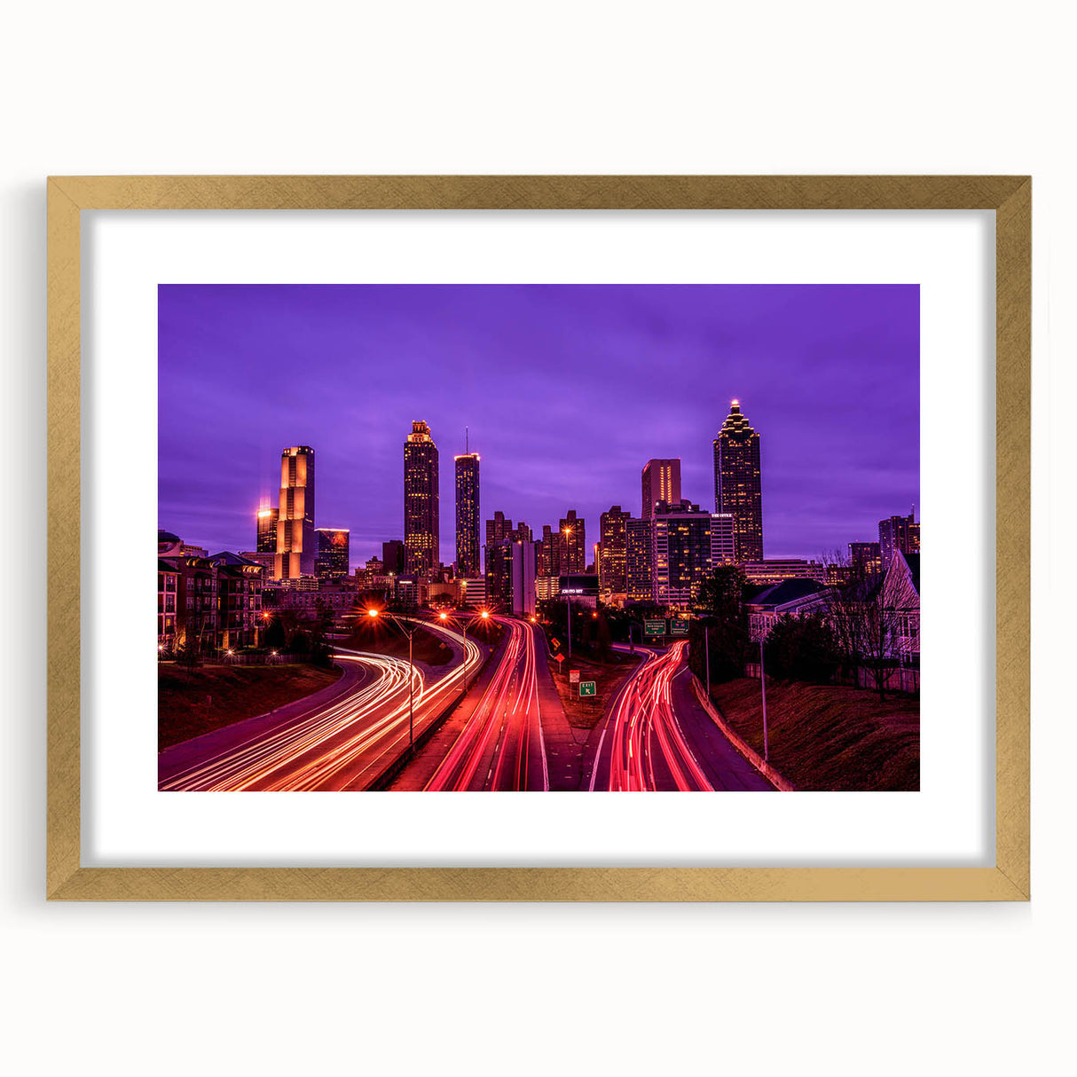 Textured art print of the Atlanta skyline in muted gray and blue tones on a framed canvas, ideal for modern bedroom ambiance.