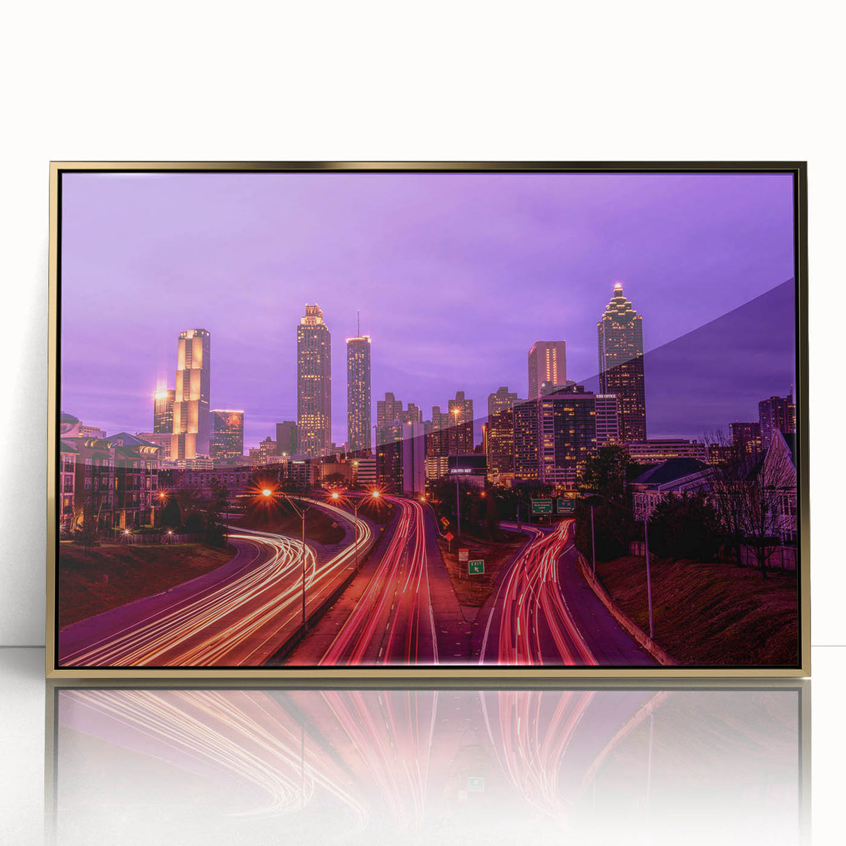 Mid-century modernist Atlanta skyline in gold frame, acrylic print, suited for modern art wall decor.