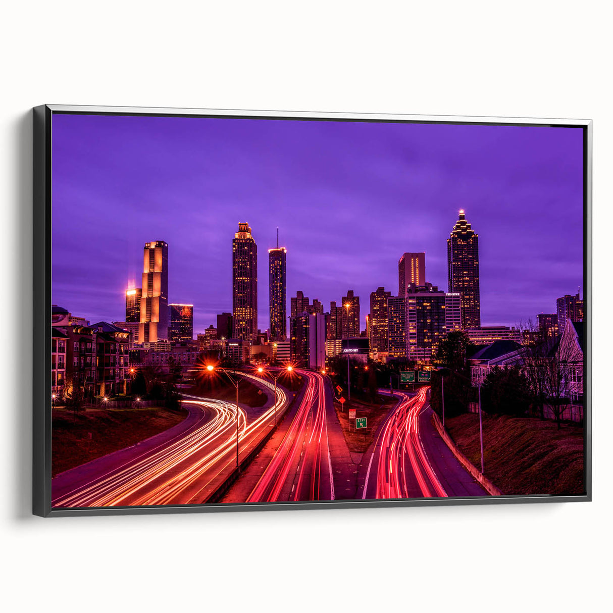 Black and white framed canvas of Atlanta skyline, ideal for bedroom wall decor.