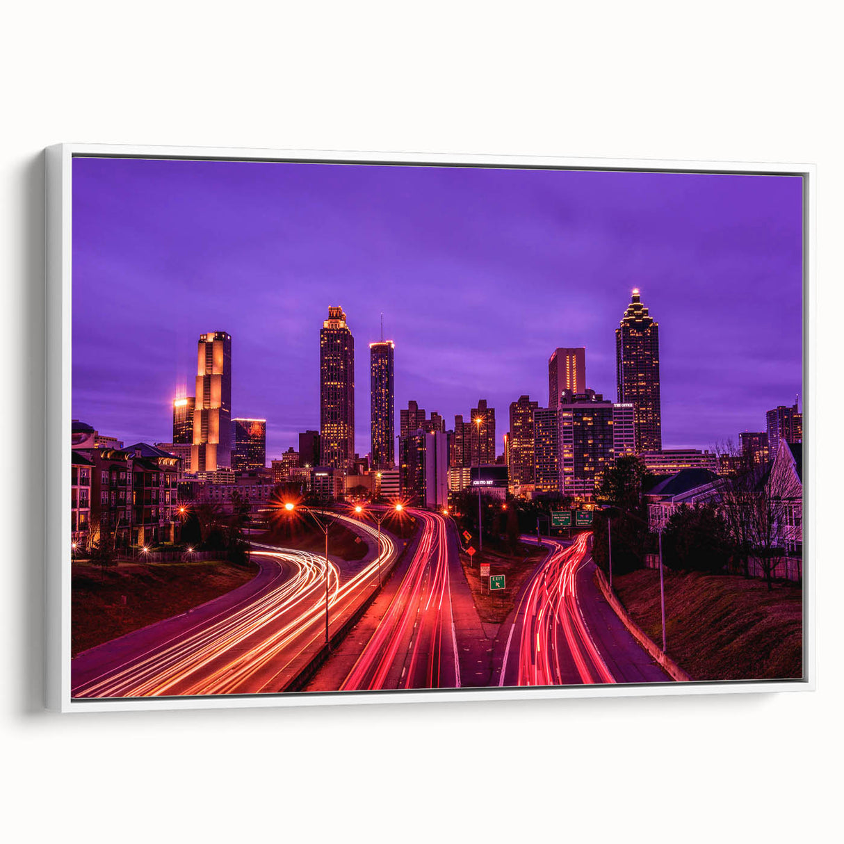 Framed canvas of Atlanta skyline in black, ideal for bedroom wall art.