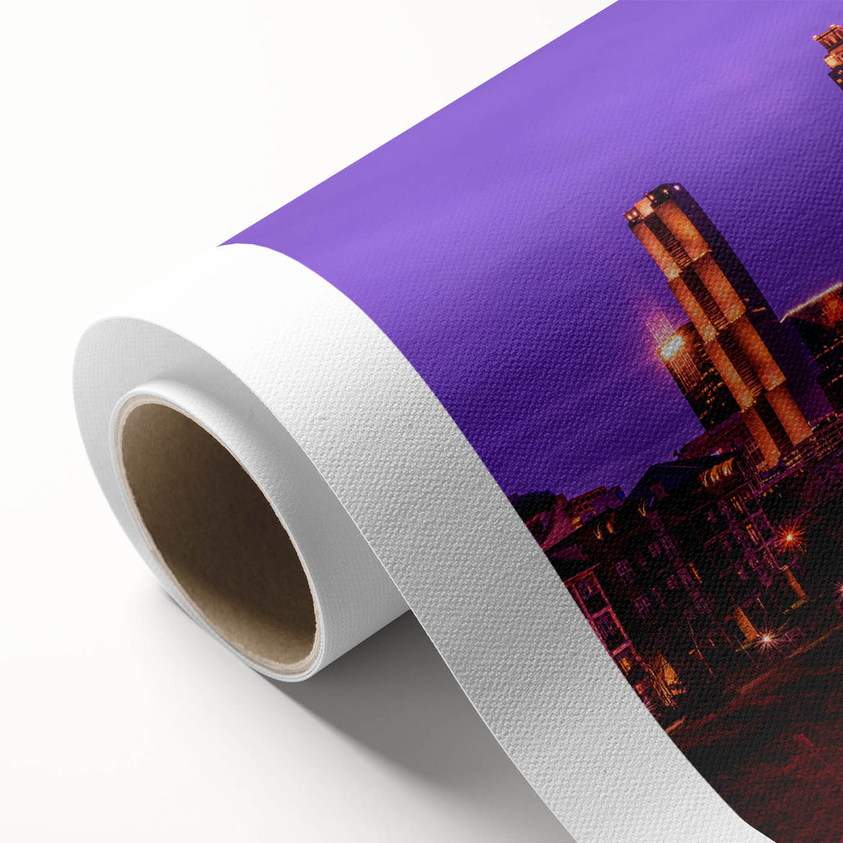 Art deco poster of the Atlanta skyline in muted gray and blue tones on rolled canvas, ideal for nursery wall art.
