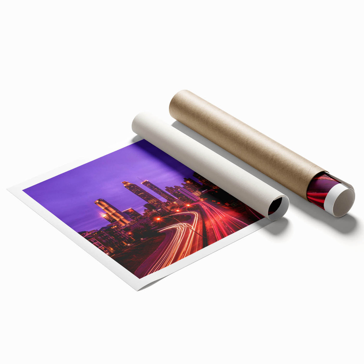 Atlanta skyline in muted gray and blue tones on a large rolled canvas, suitable for classy bathroom wall art.