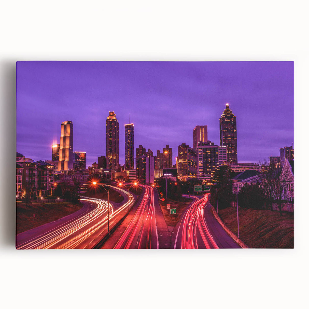 Black and white stretched canvas featuring the Atlanta skyline, ideal for kitchen wall art.