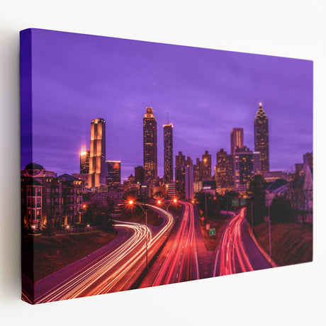 Atlanta skyline depicted in muted gray and blue tones on a stretched canvas, suitable for kitchen wall art.