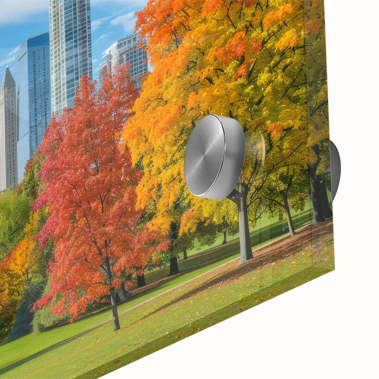Acrylic print of the Atlanta skyline in muted gray tones, ideal for dining room art in a mid-century modernist style.