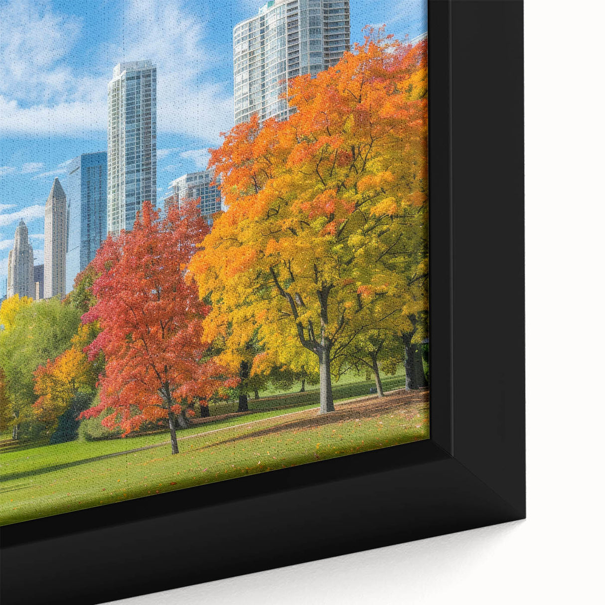 Close-up of a textured Atlanta skyline wall art on framed canvas, featuring vibrant colors, ideal for living room decor.