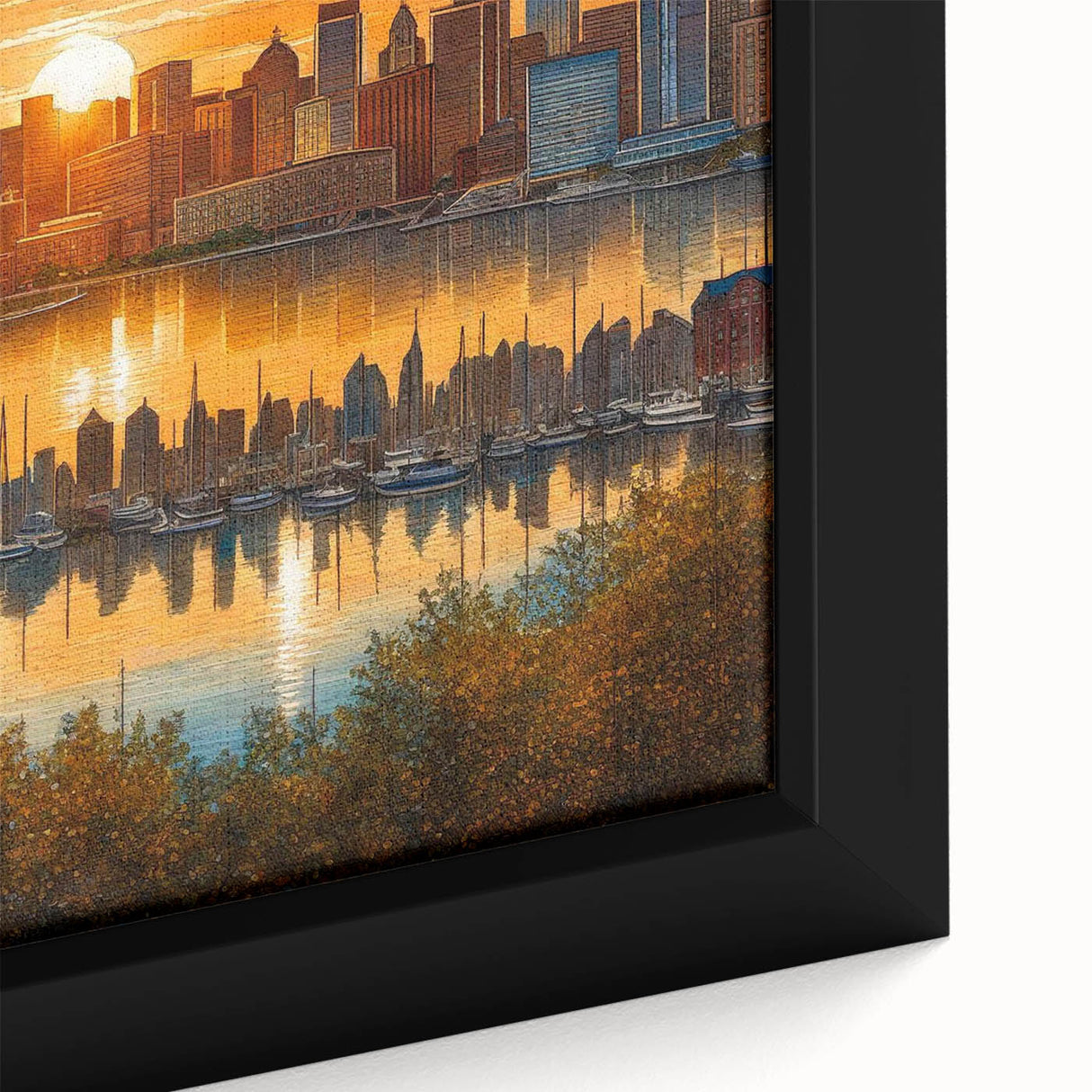 Framed canvas featuring a textured depiction of the Baltimore skyline in black with colorful accents.